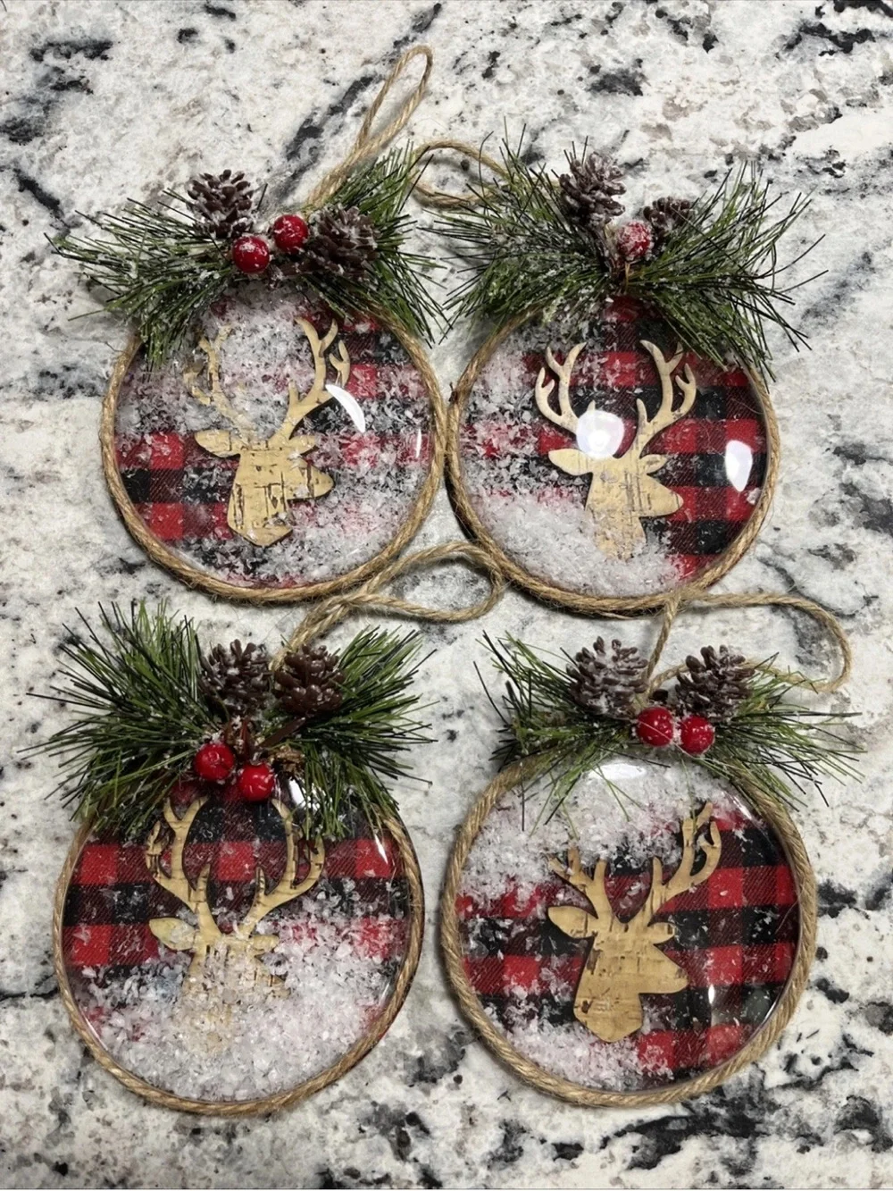 Rustic Red Buffalo Plaid Reindeer Holiday Ornaments - Set of 4